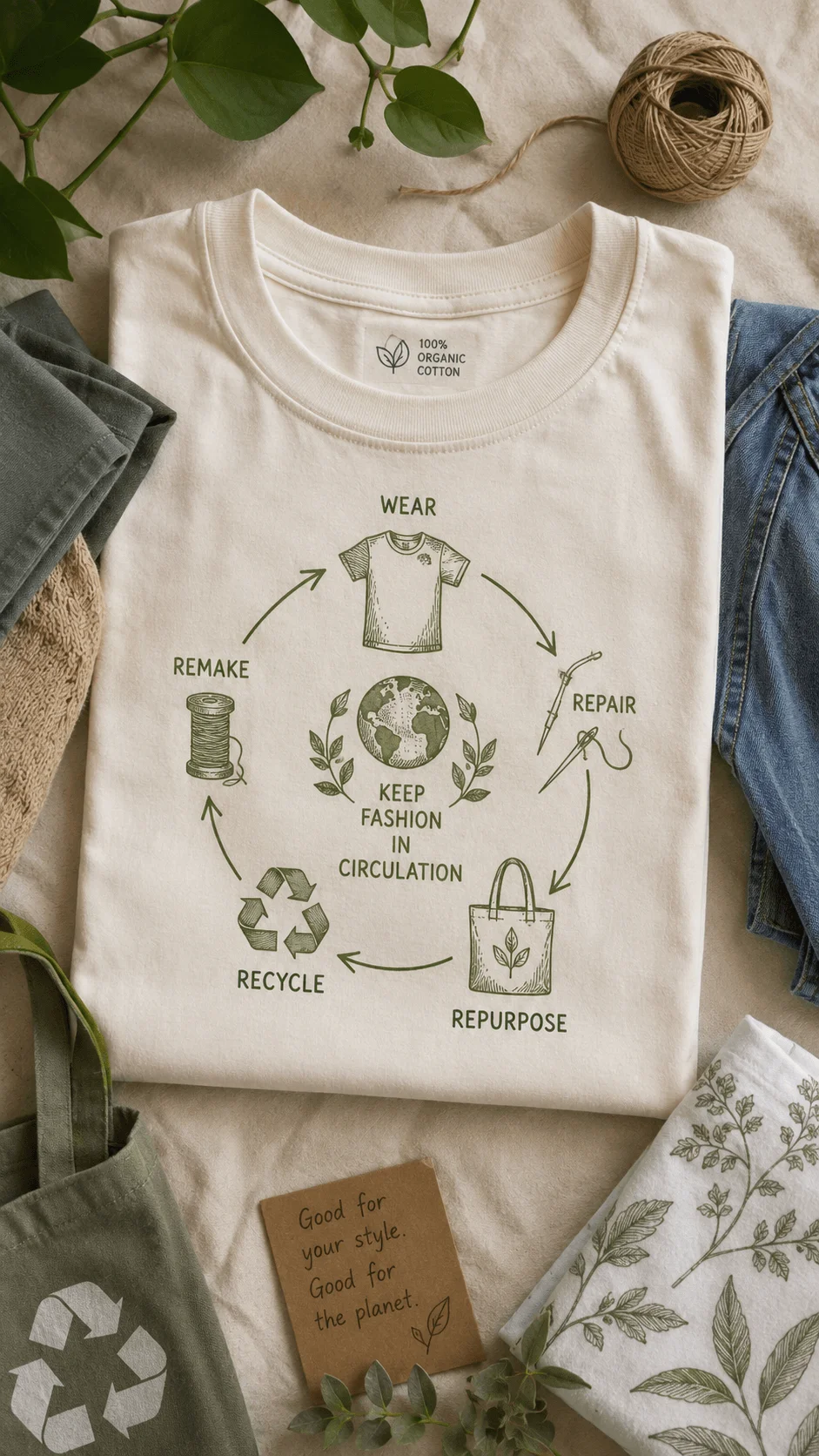 Circular economy fashion shirt concepts featuring sustainable clothing with a recycling cycle illustration, organic cotton fabric, repair, reuse, remake, and repurpose symbols, surrounded by natural elements and eco friendly materials in a modern aesthetic arrangement.