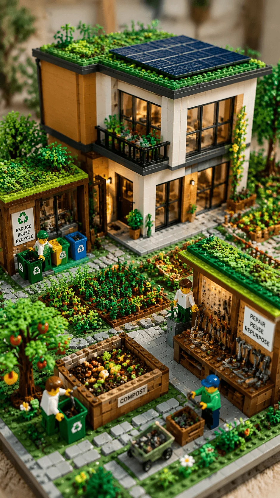 Realistic LEGO circular economy house with recycling stations compost area repair workshop vegetable garden solar panels and sustainable community living design