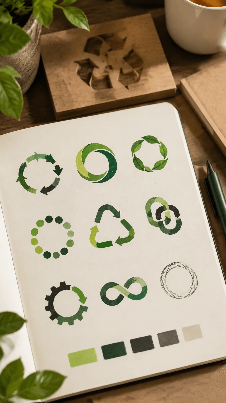 Circular economy logo design concepts featuring recycling symbols, circular patterns, green sustainability icons and eco friendly branding sketches on a notebook with natural elements and color palette inspiration