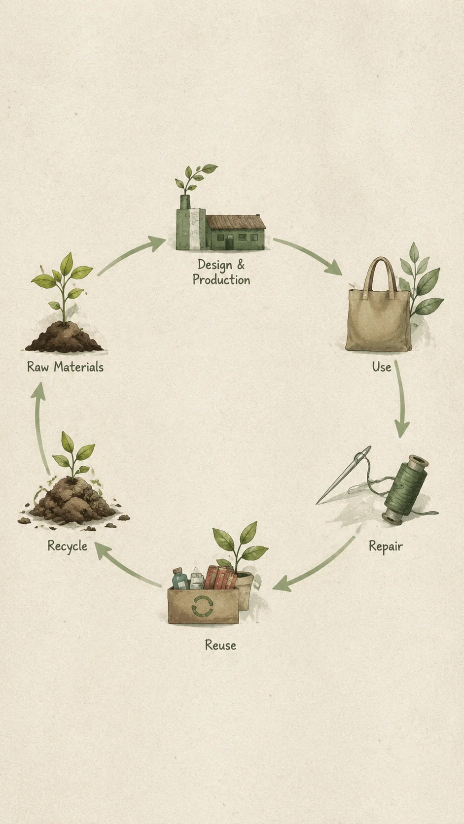 Circular economy poster aesthetic featuring a sustainability cycle diagram with illustrations of raw materials design production use repair reuse and recycling showing the journey of resources through a circular system