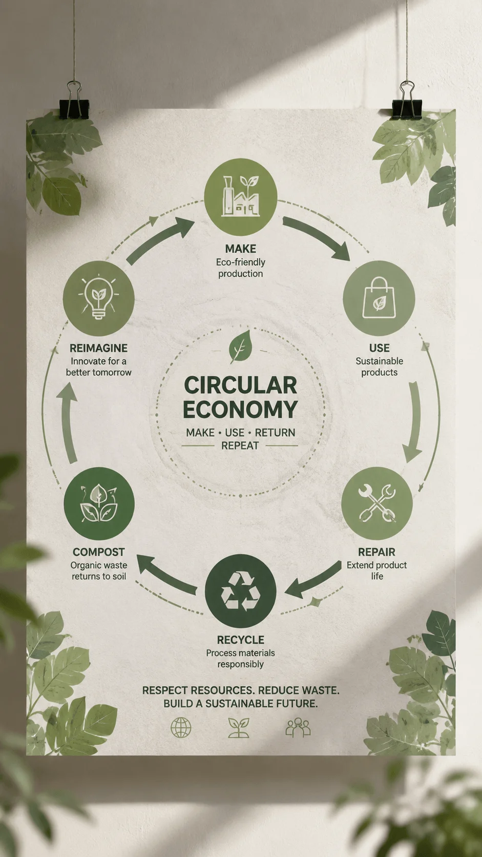 Circular economy poster design showing a sustainable cycle of make, use, repair, recycle, compost, and reimagine with eco friendly production, sustainable products, resource conservation, and waste reduction concepts
