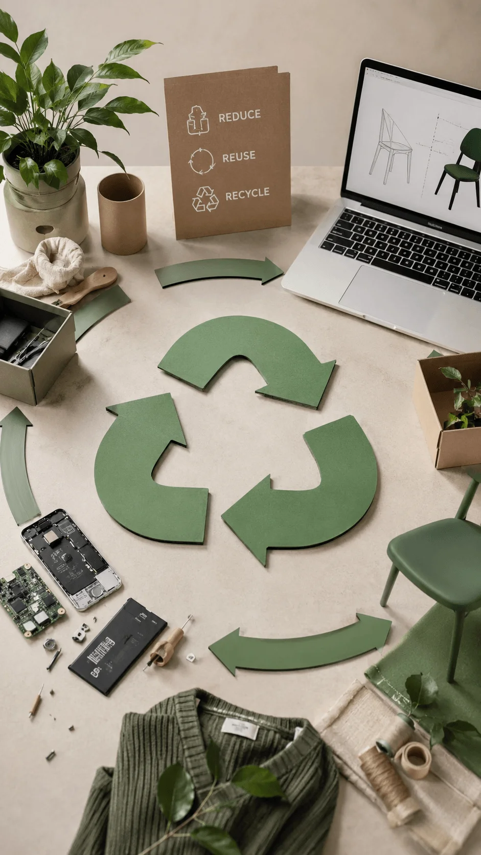 Circular economy product design ideas showing recycling concepts reusable materials eco friendly product development sustainable design sketches and green innovation workspace