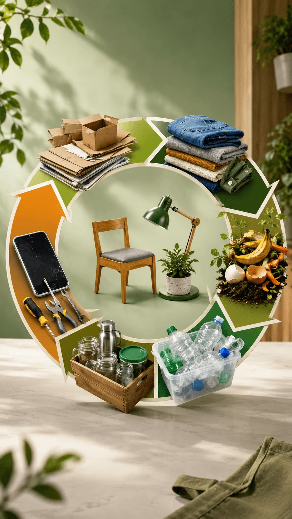 Circular economy project cover showing a circular reuse system with recycling materials, repaired electronics, reusable containers, composting, recycled paper, sustainable clothing, and waste reduction concepts in a green environmental design