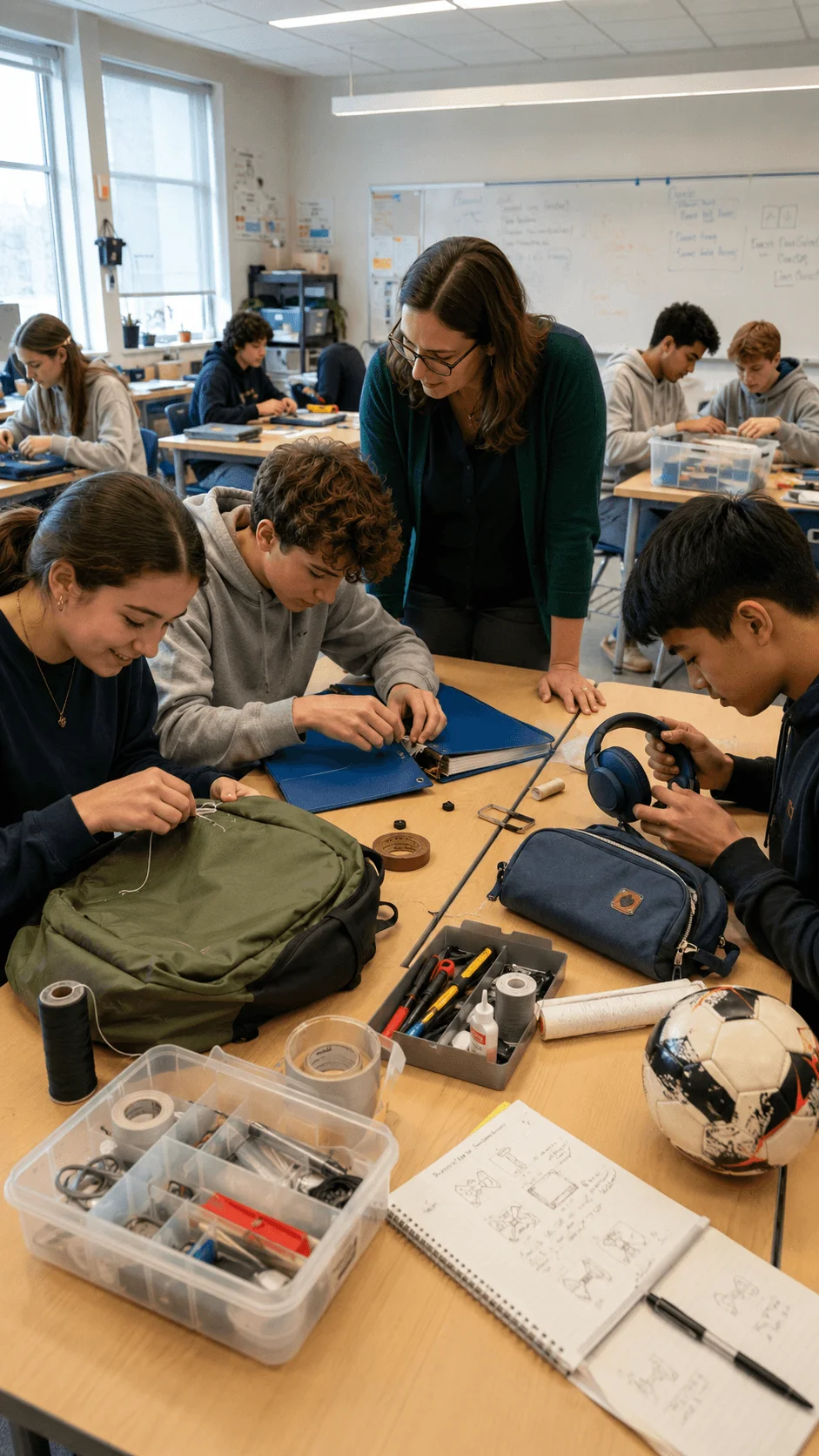 High school students repairing everyday items and learning circular economy skills in a classroom workshop