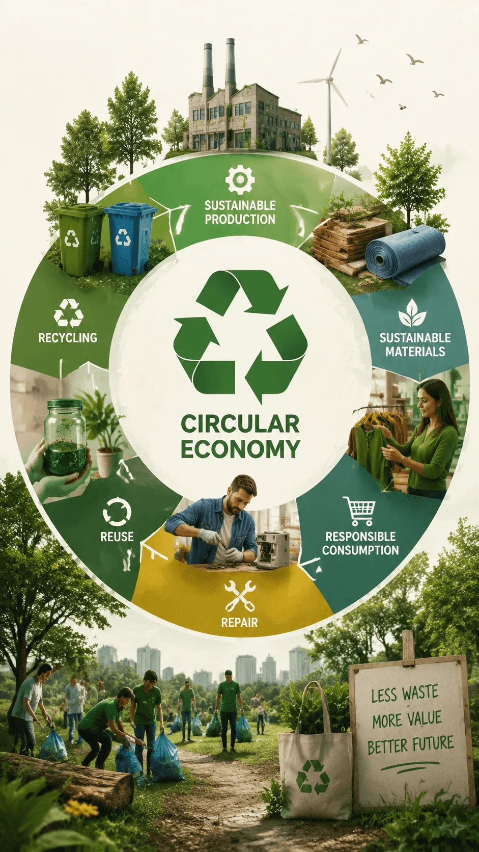Circular economy SDG poster showing recycling, reuse, repair, sustainable production, responsible consumption, and eco friendly communities working toward waste reduction and a better future