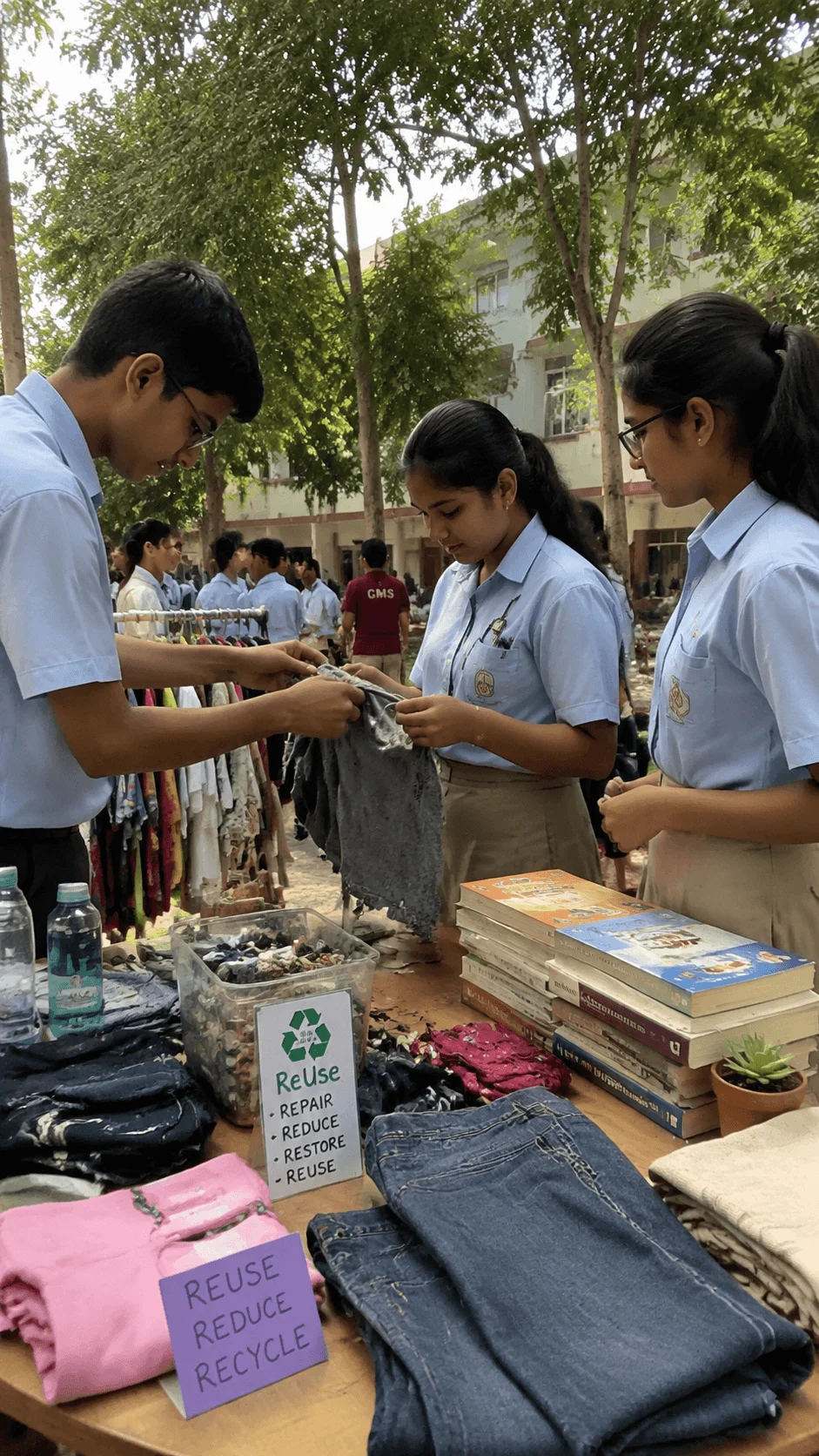 Students participating in a circular economy school marketplace with clothing exchange, book sharing, reuse and recycling activities to promote sustainable consumption