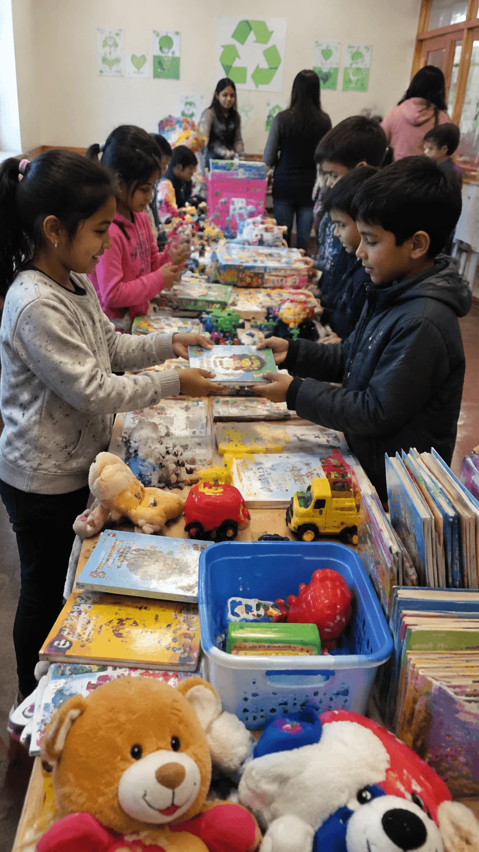 Children participating in a toy and book swap activity with reusable toys books and games promoting circular economy and sustainable living habits