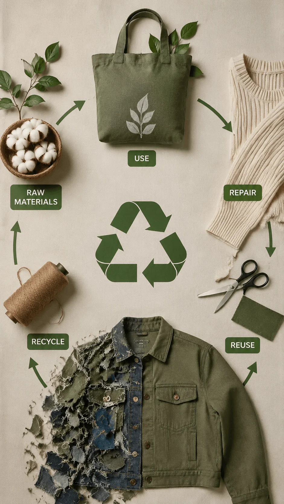 Circular fashion design system showing a closed loop clothing cycle with sustainable garments, recycled materials, repair, reuse, and eco friendly fashion practices represented through a visual infographic style