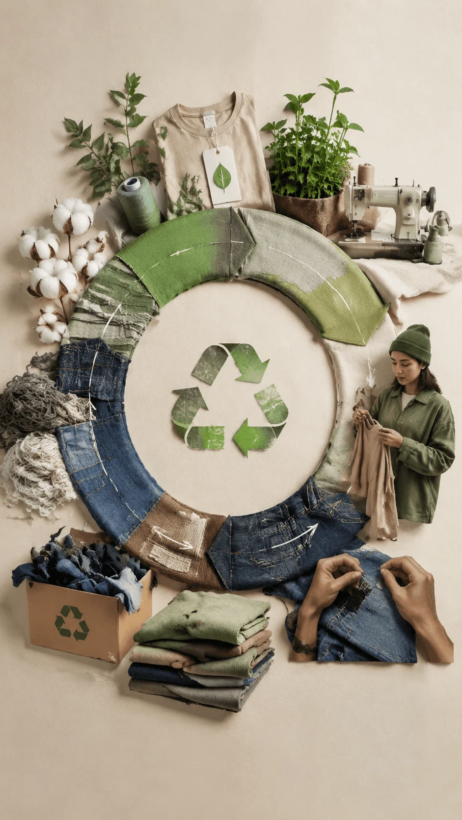 Circular fashion poster showing a clothing recycling cycle with a circular arrangement of recycled fabrics, denim pieces, sustainable garments, cotton plants, sewing tools, and people repairing clothes to represent continuous use, reuse, and eco friendly fashion practices