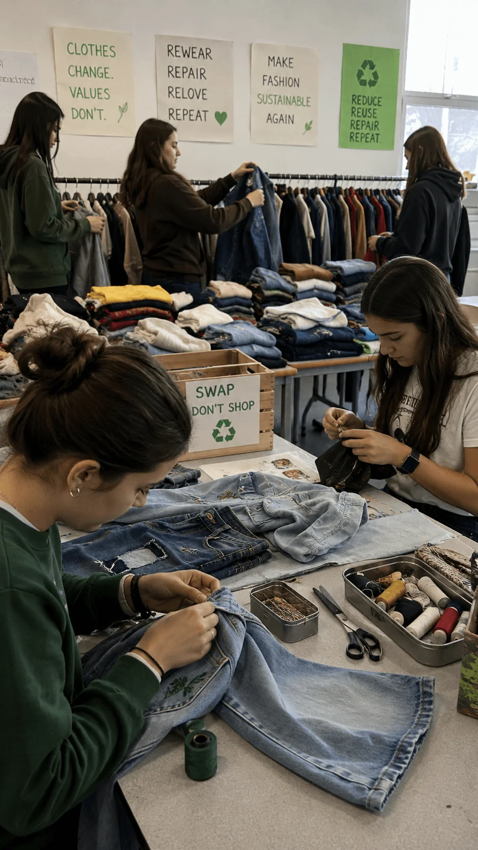 Students repairing and upcycling denim clothing during a circular fashion swap event