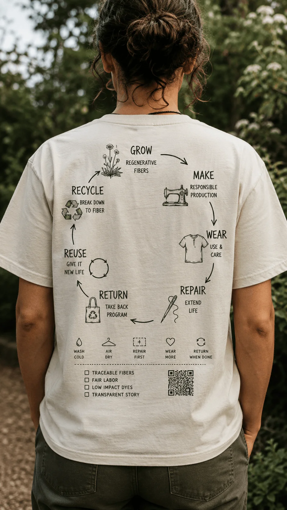 Circular fashion T shirt design showing the garment lifecycle from growing fibers and responsible production to wearing repairing returning reusing and recycling