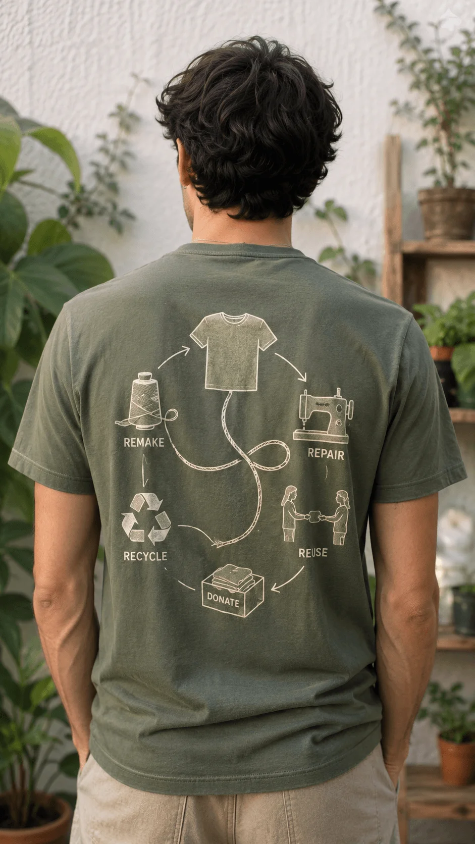 Man wearing a circular fashion T shirt with repair reuse donate recycle and remake graphics
