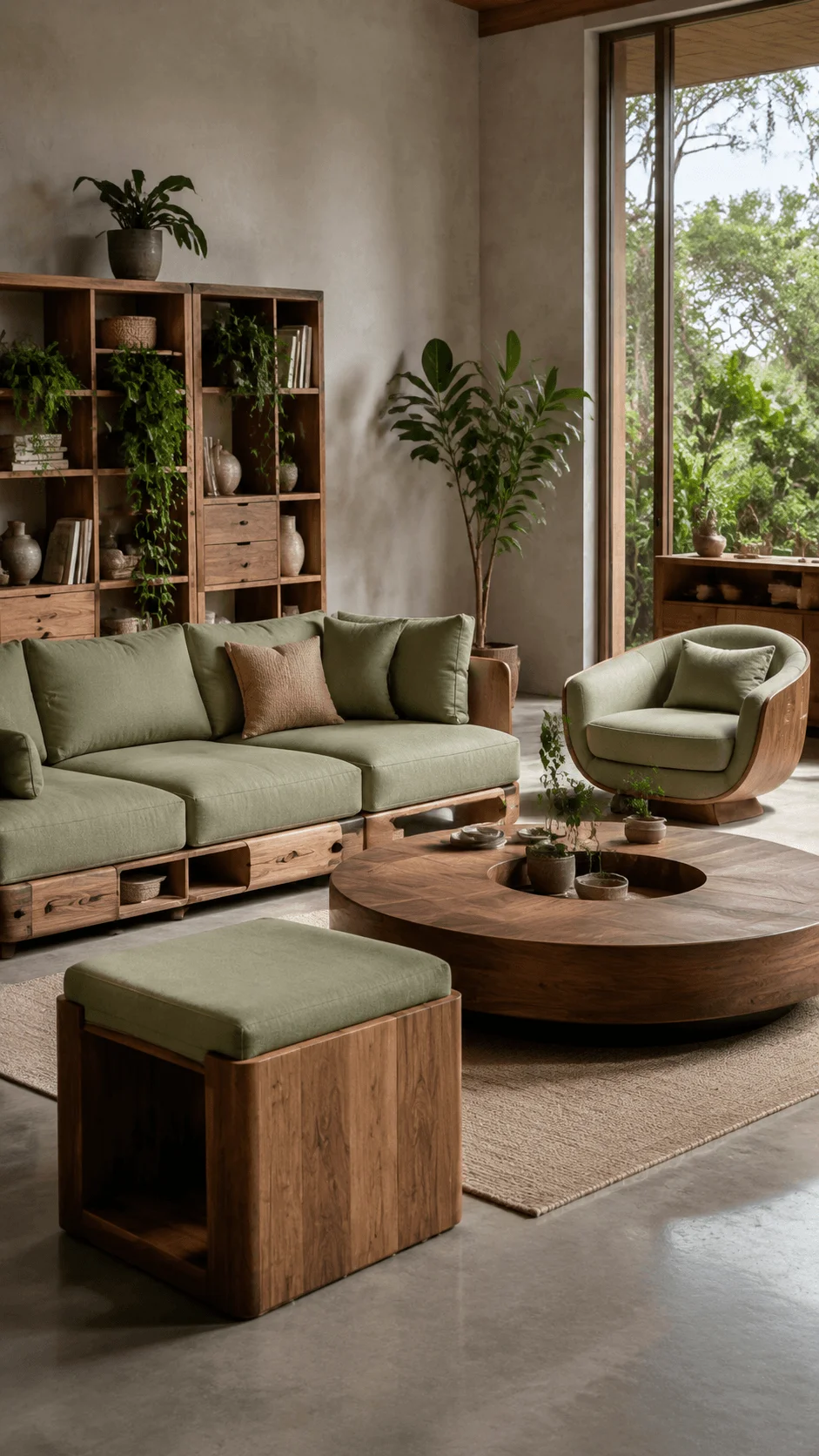 Circular furniture design in a sustainable living room with modular wooden furniture, natural fabrics, indoor plants, earthy colors, and eco friendly modern interior decor