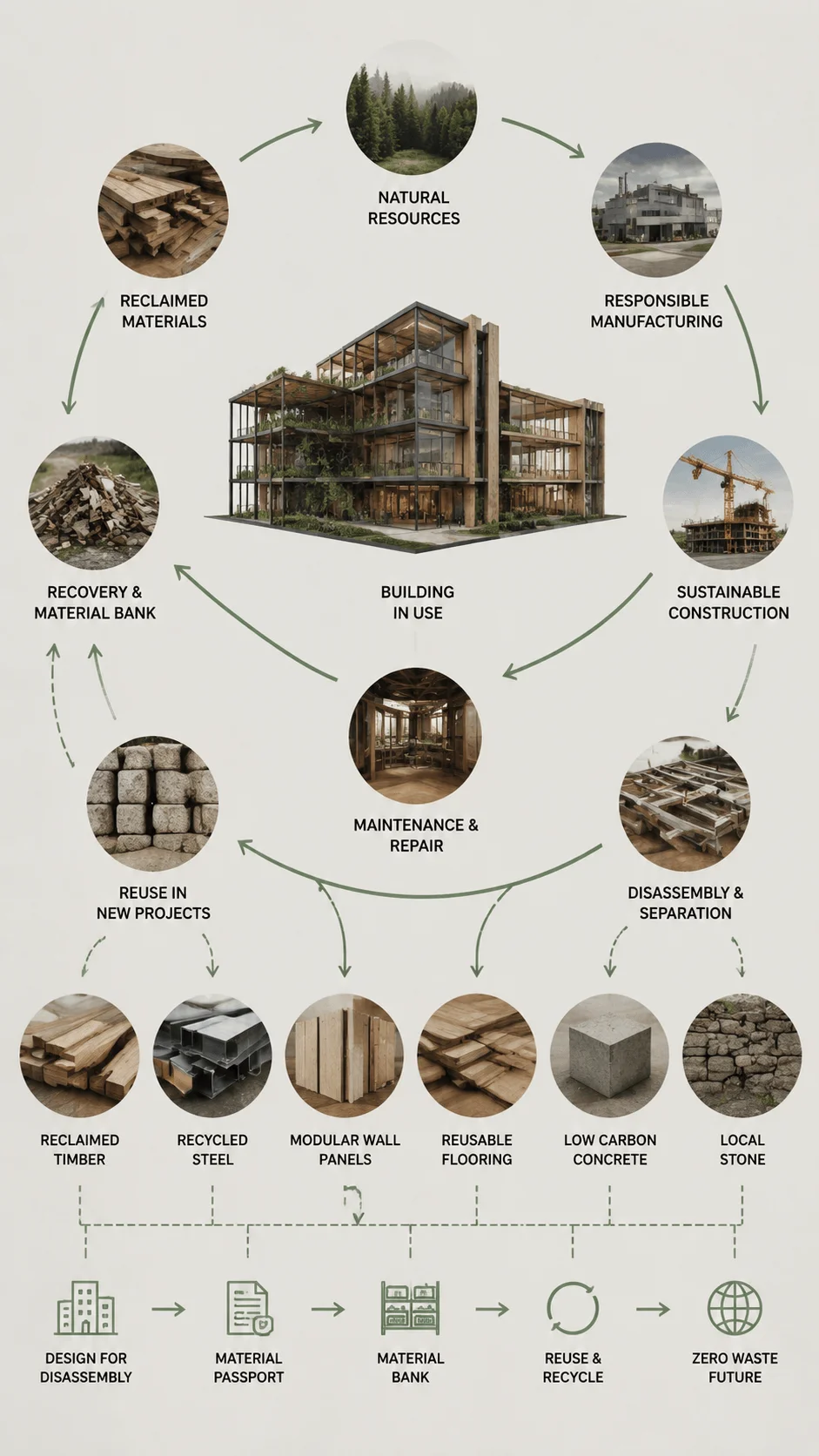 Circular material flow diagram in architecture showing a sustainable building lifecycle with reclaimed materials, natural resources, responsible manufacturing, sustainable construction, maintenance, repair, disassembly, reuse, recycling, and zero waste material strategies