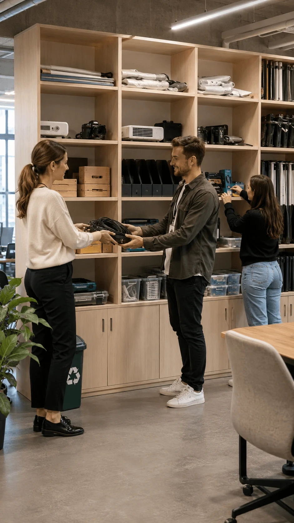 Employees exchanging reusable office equipment and shared supplies from a circular office library to reduce waste and extend the life of workplace resources