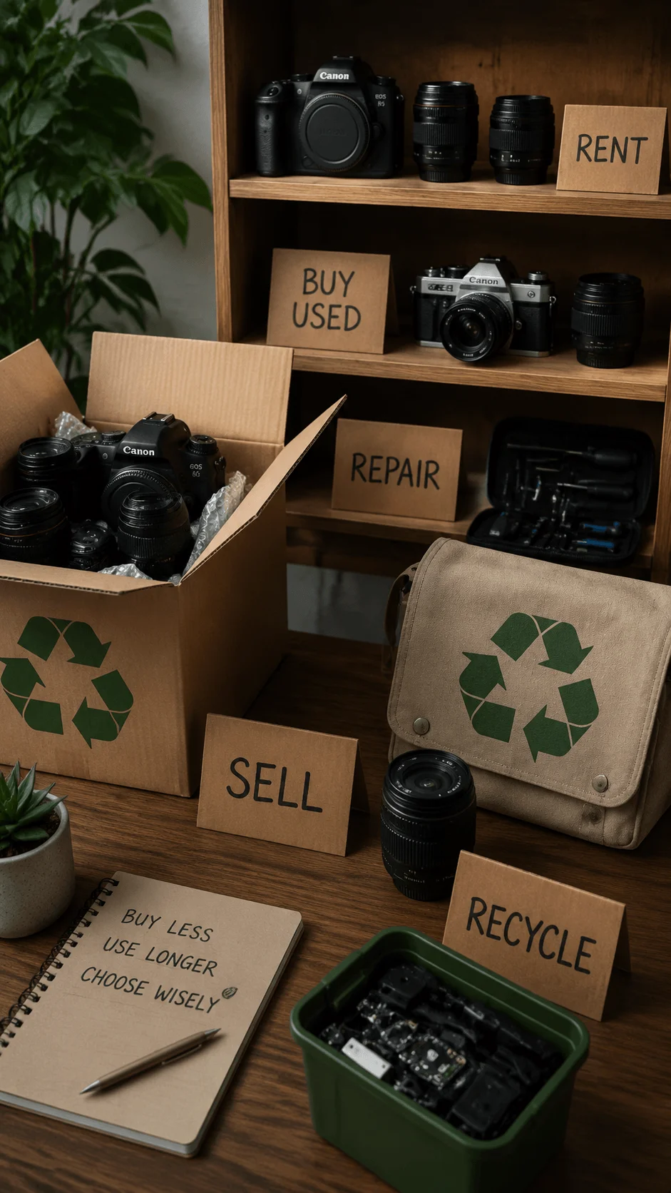 Sustainable photography equipment lifecycle with cameras for rent, reuse, repair, resale and recycling in an eco friendly workspace