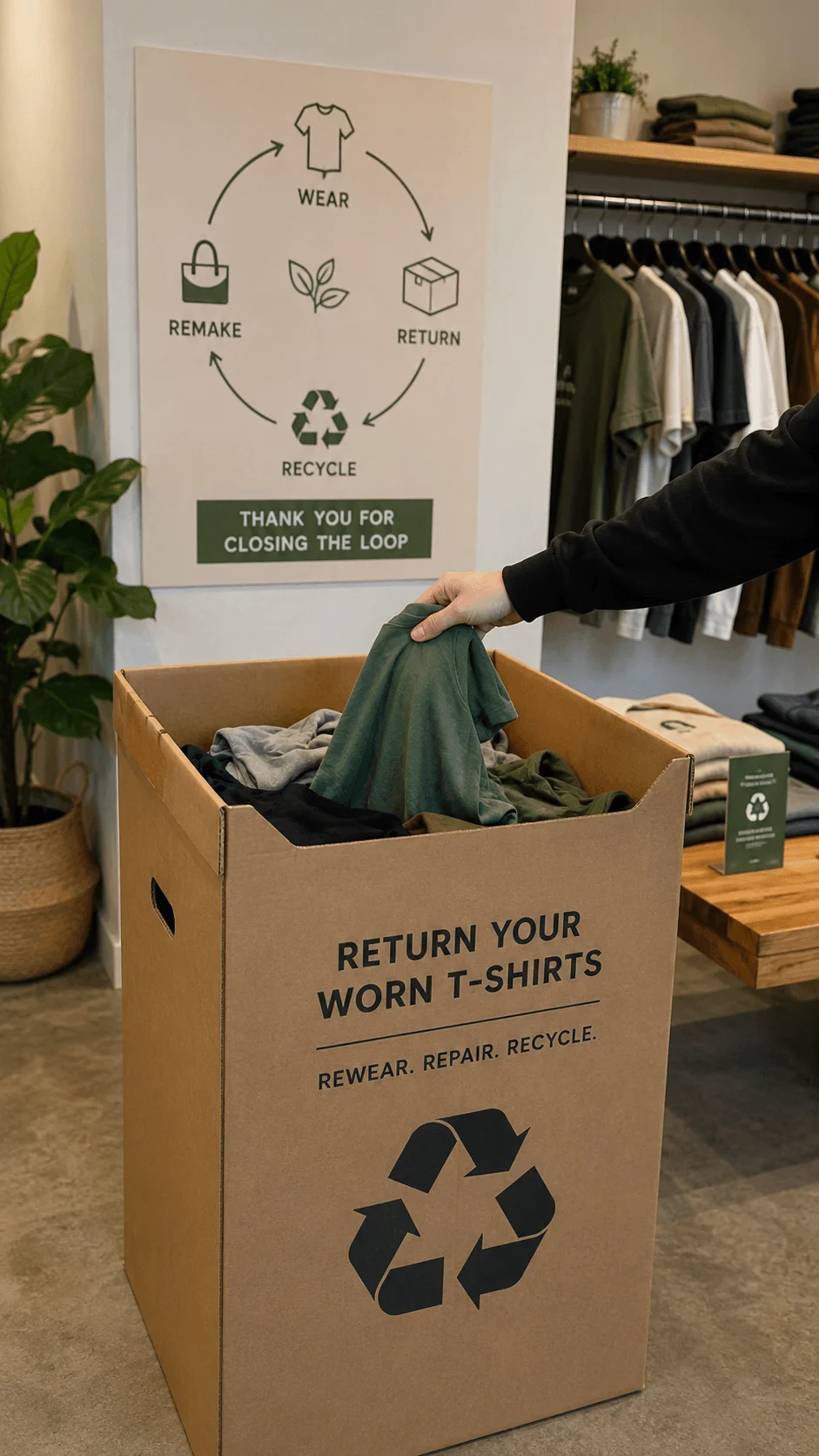 Circular T shirt take back program with a customer placing a worn shirt into a recycling collection box inside a sustainable clothing store