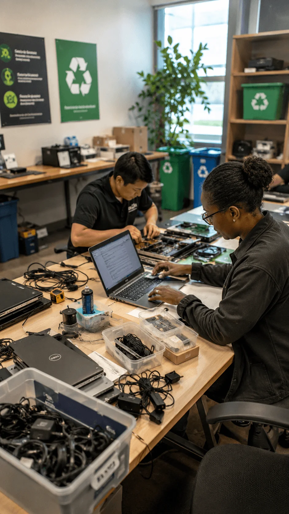 Employees repairing and refurbishing electronic devices during circular technology life extension week with laptop maintenance, reuse practices, and electronic waste reduction activities