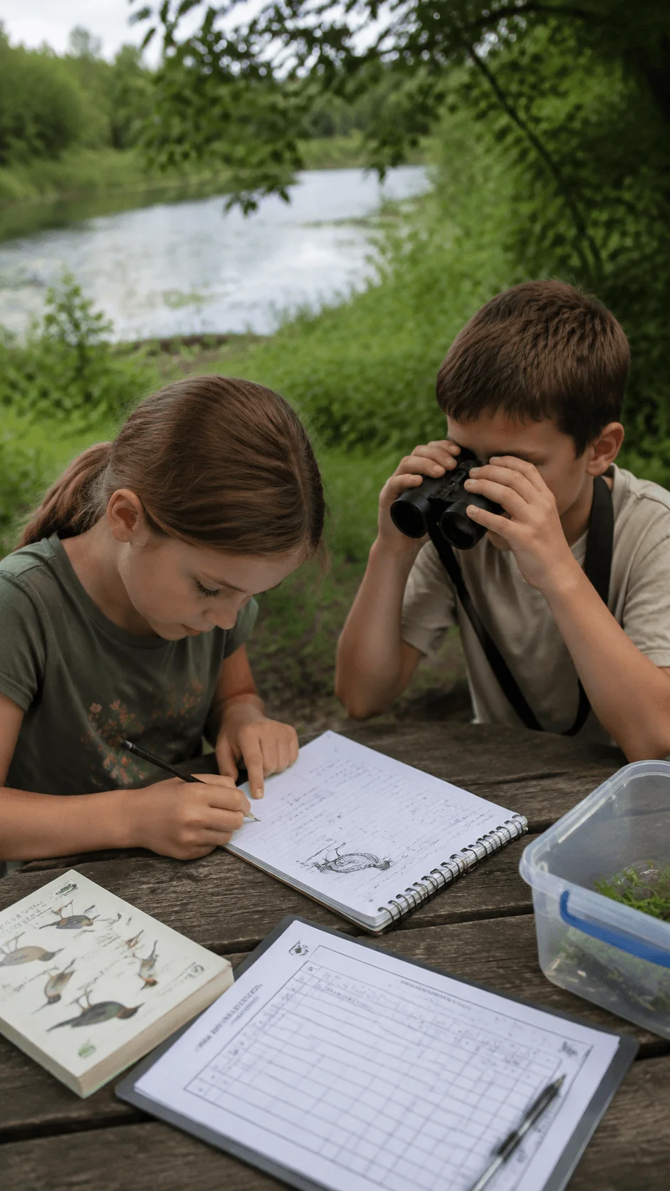 Children participating in citizen science by observing wildlife recording nature data and exploring biodiversity near a pond