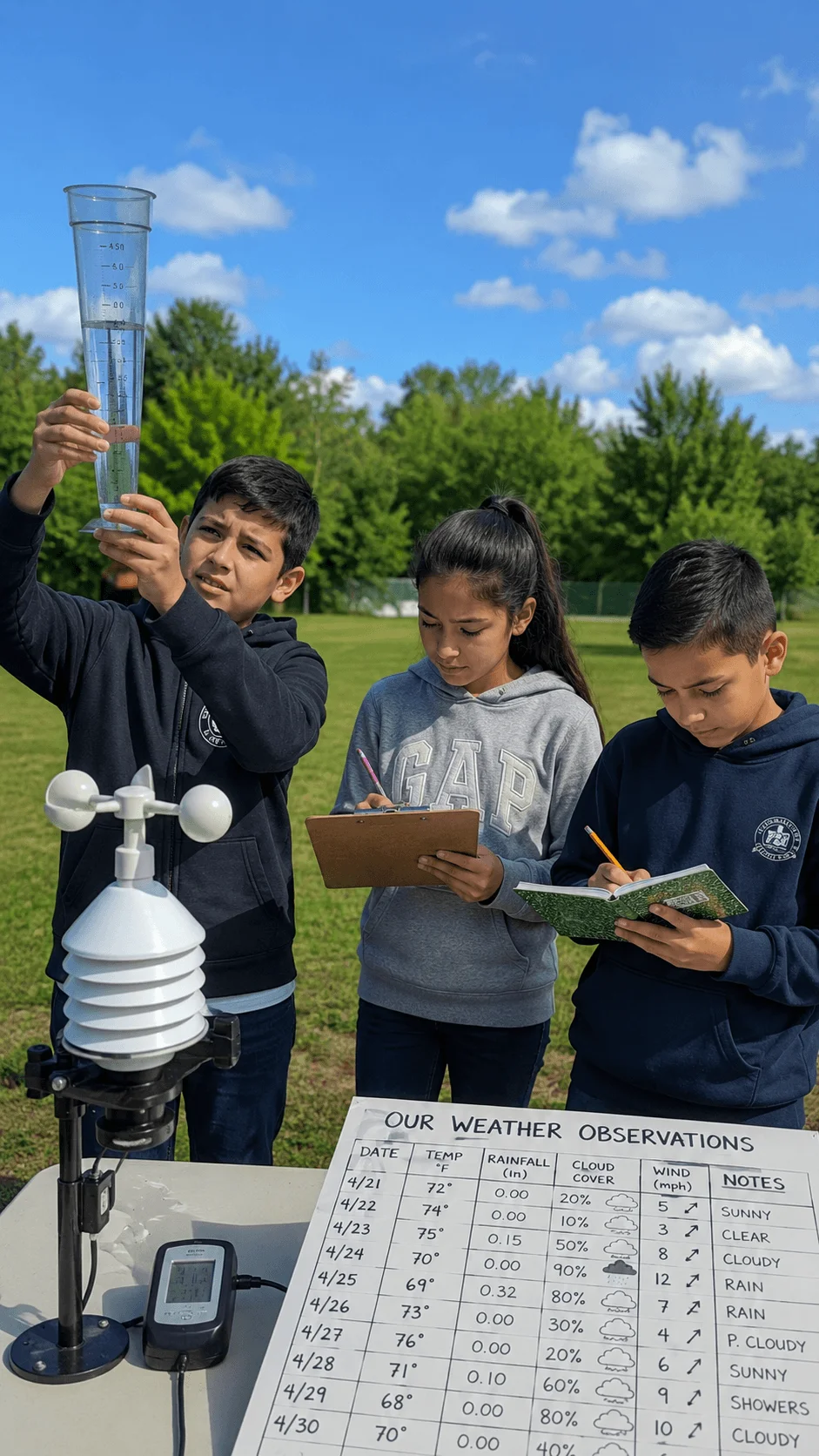 Students participating in a citizen science climate observation project by measuring rainfall and weather conditions using monitoring instruments recording temperature wind and cloud data and documenting observations in notebooks during an outdoor field study.