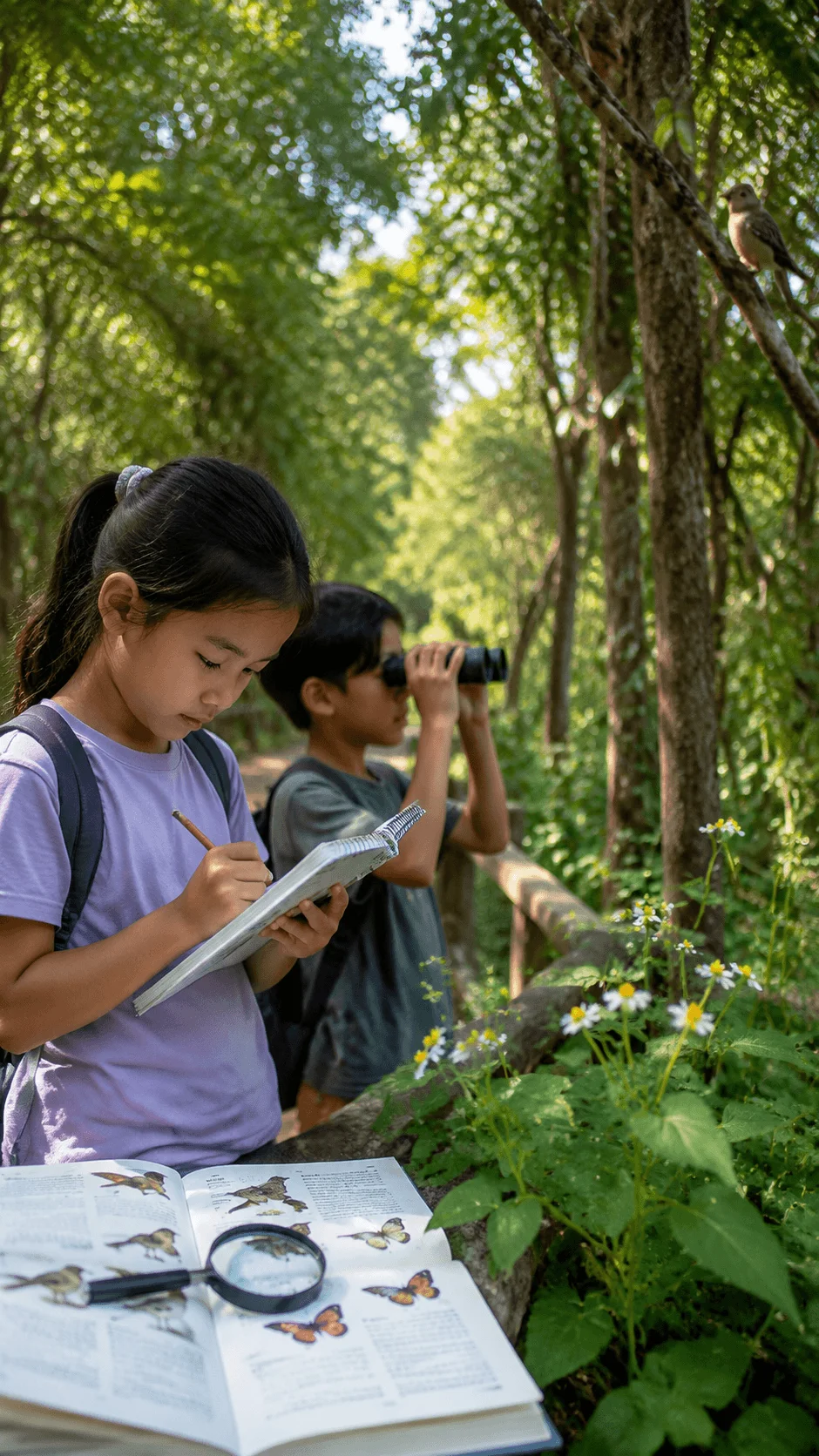 Children conducting a citizen science nature project by observing birds and plants with notebooks binoculars and field guides in a forest environment
