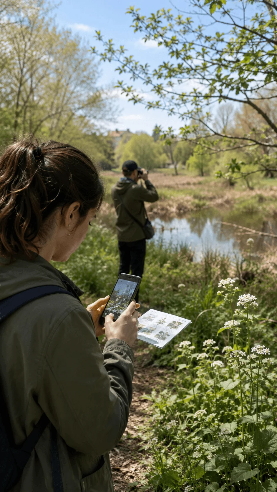 Adults recording plants and wildlife near a pond using a smartphone field guide and binoculars