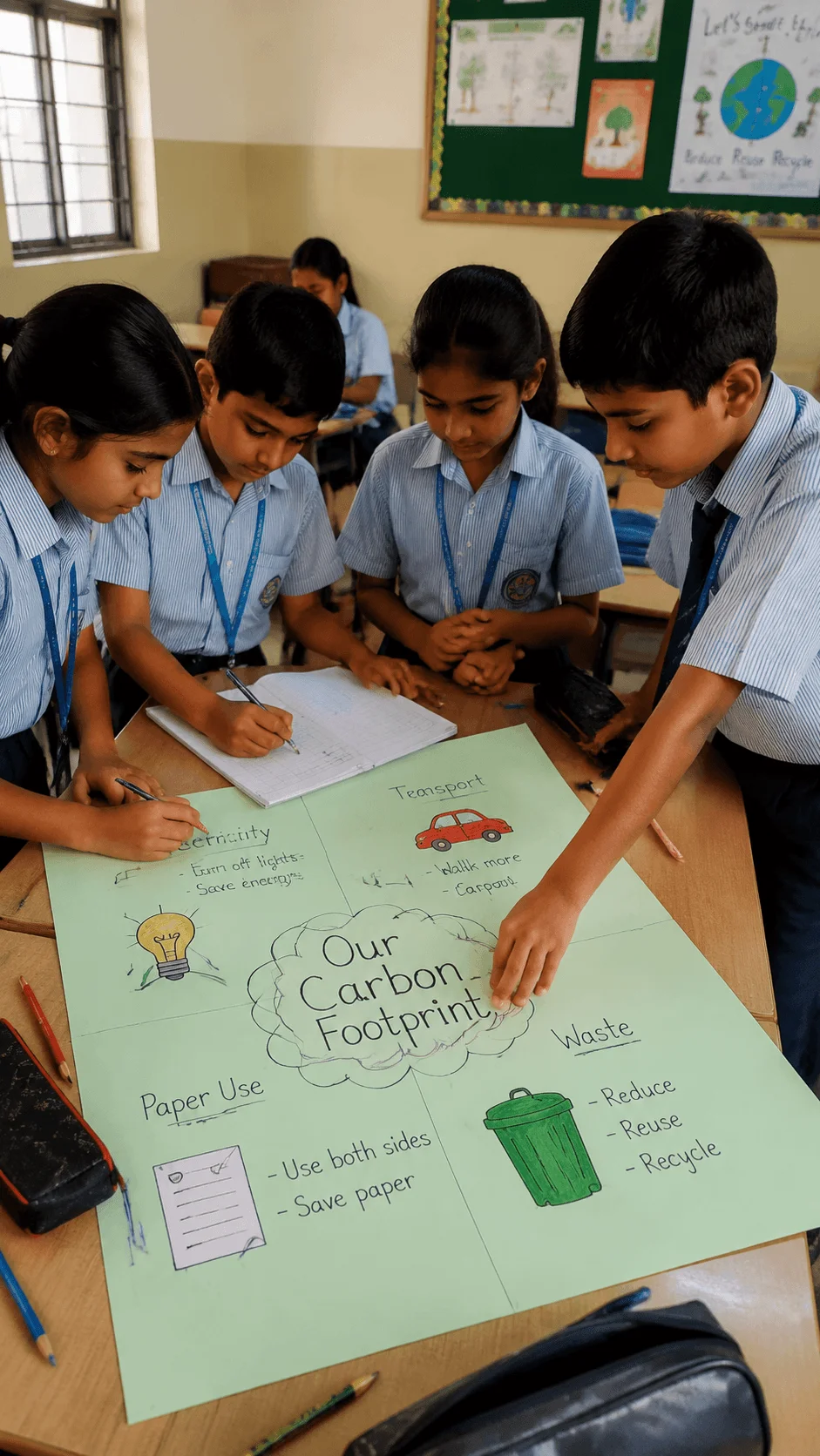 Students working together on a classroom carbon footprint investigation project with sustainability notes and environmental action ideas on a poster