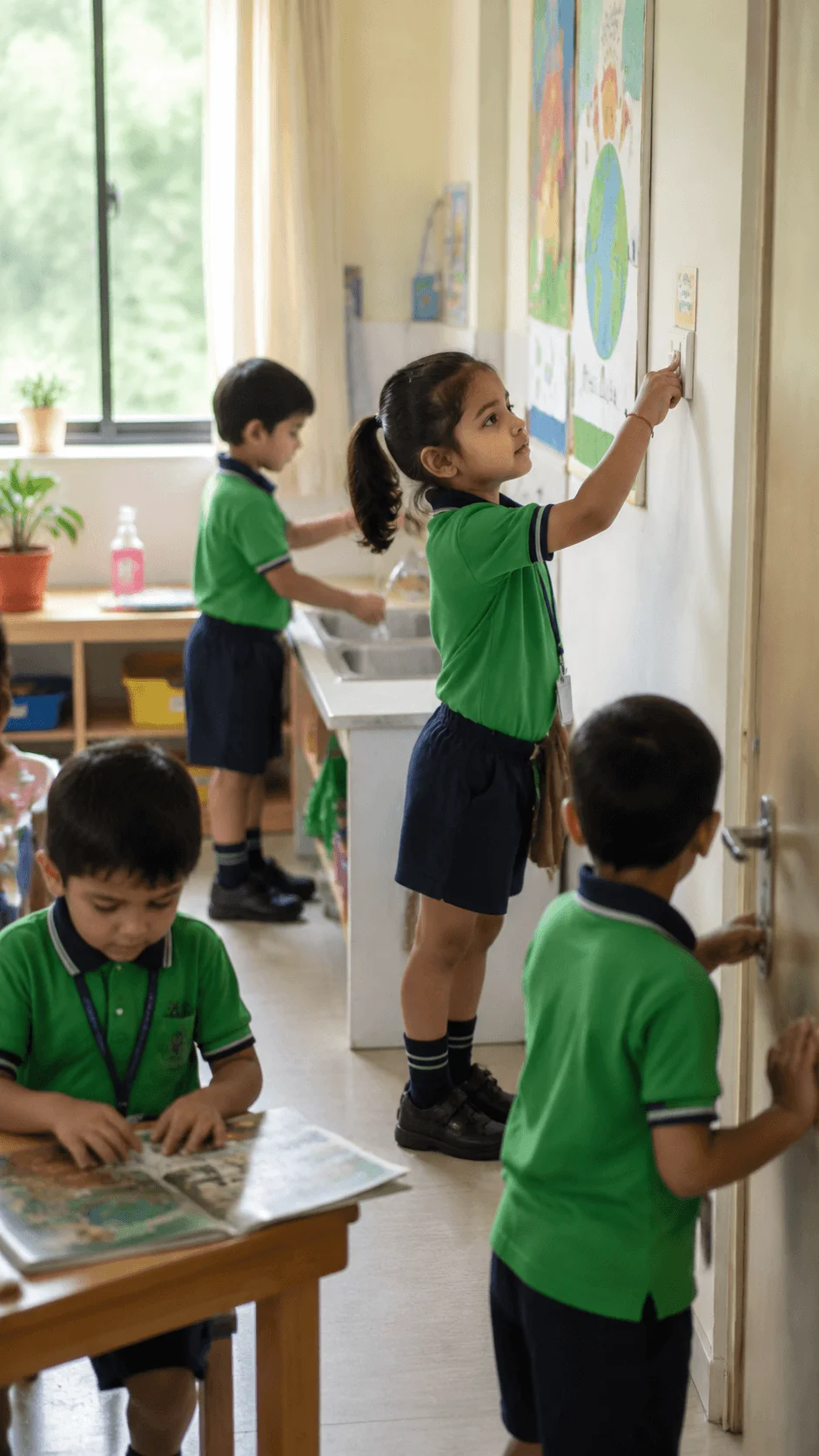 Children helping save energy in a kindergarten classroom by turning off lights and practising sustainable daily habits