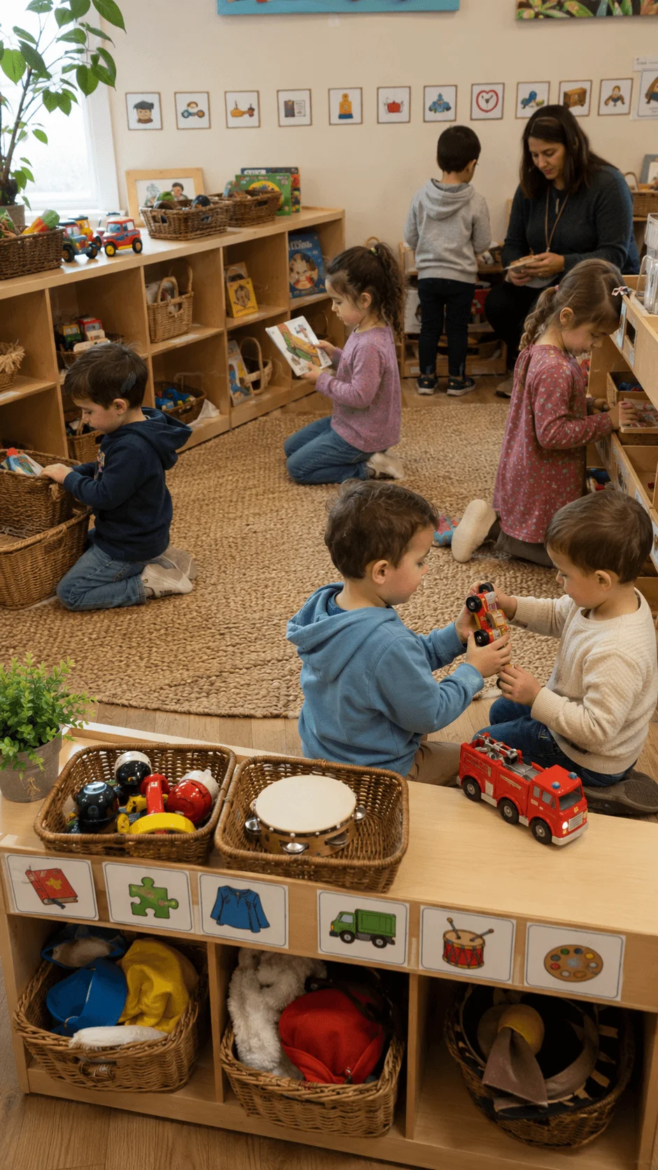 Preschool children borrowing and sharing books toys puzzles musical instruments and costumes from a classroom sharing library