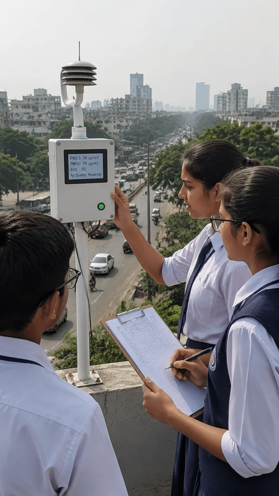 Clean air monitoring project showing students measuring urban air quality with a pollution sensor, recording environmental data, and analyzing air pollution levels near a busy city area