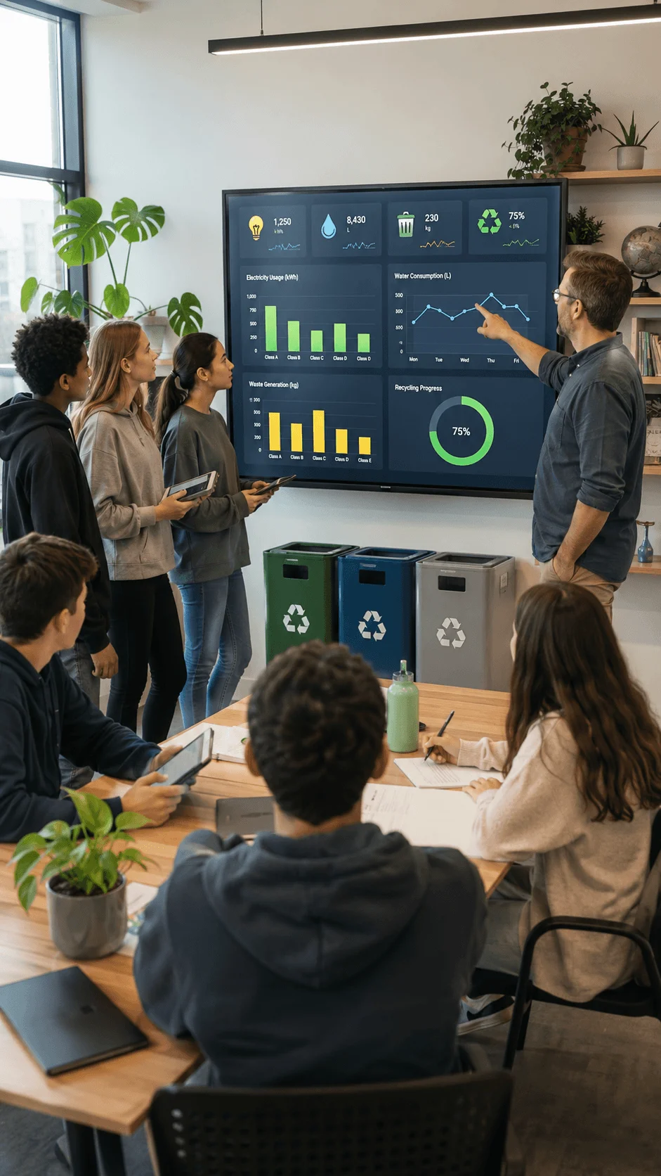 Students analyzing a climate action digital dashboard with sustainability data charts, recycling indicators, and environmental monitoring technology in a classroom setting
