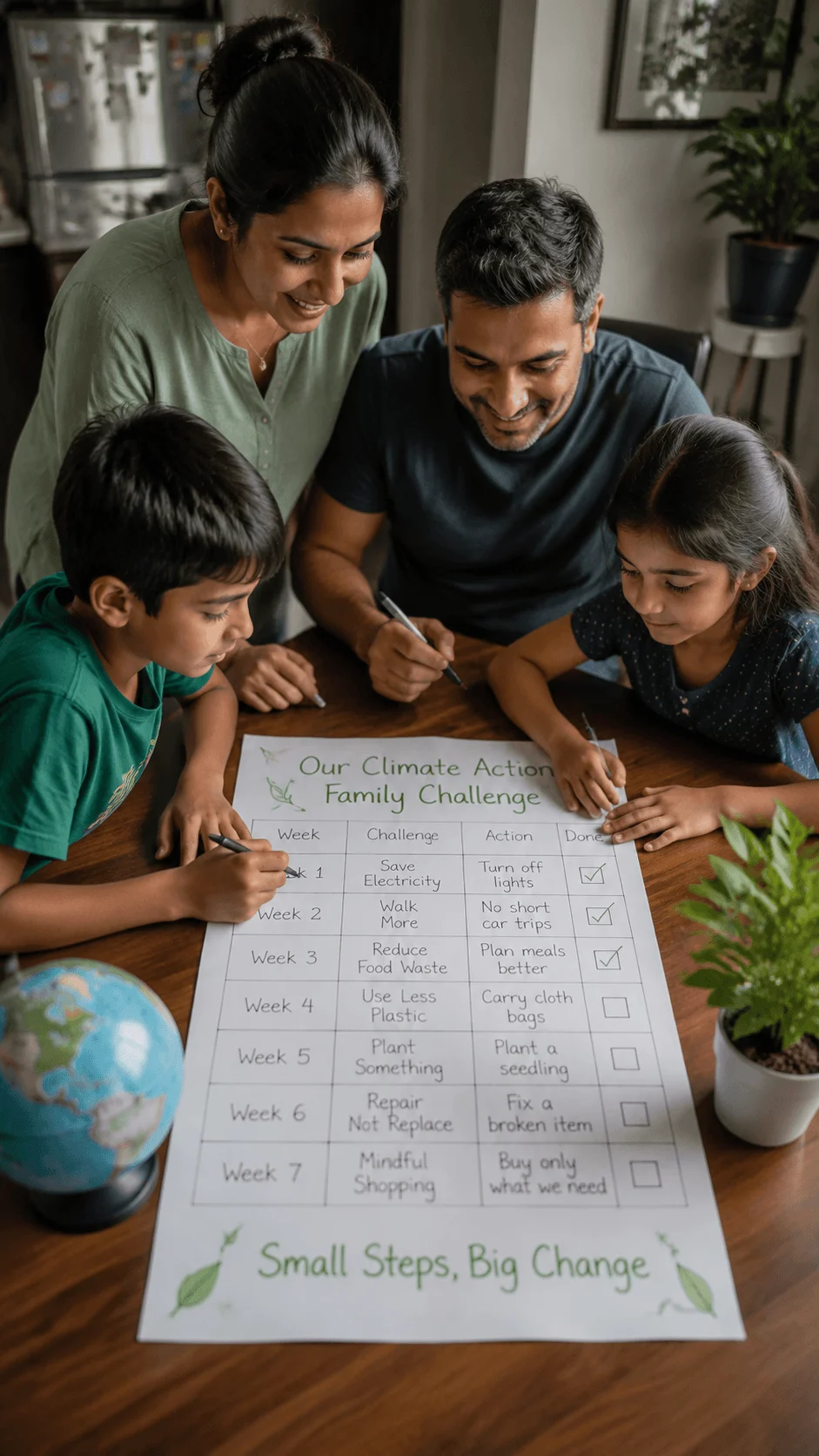 Family participating in a climate action challenge by tracking sustainable habits together with a green activity chart at home
