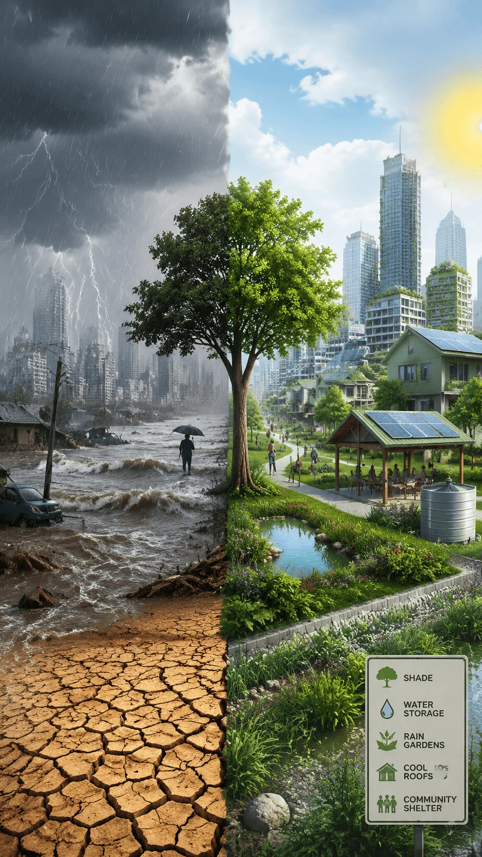 Climate adaptation cover page showing the contrast between climate disasters and resilient solutions with storms, flooding, drought, green cities, rain gardens, water storage, cool roofs, solar homes, and community protection strategies