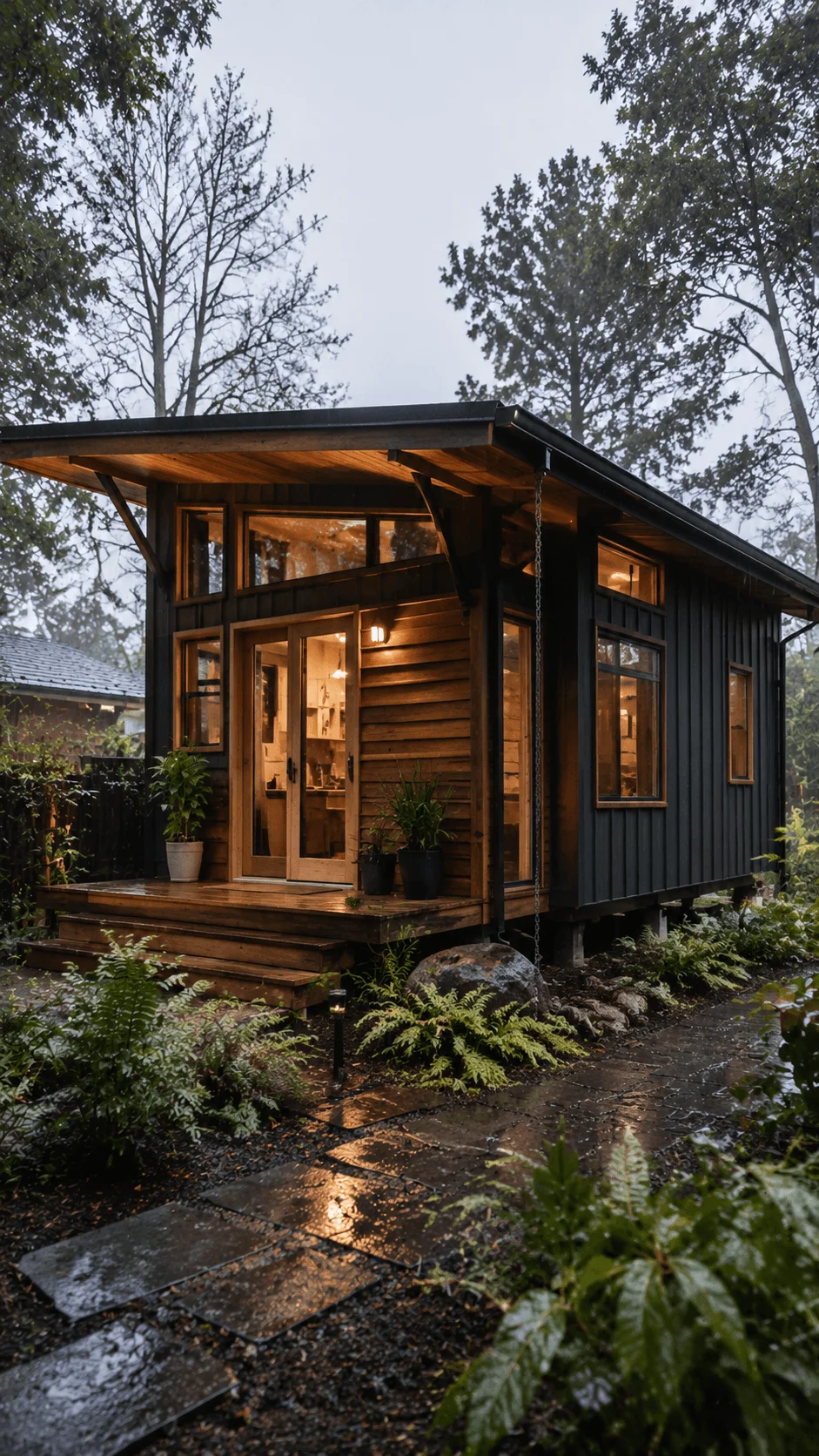 Climate adaptive exterior design in a sustainable mini house featuring weather resistant architecture natural surroundings wooden structure and eco friendly living solutions