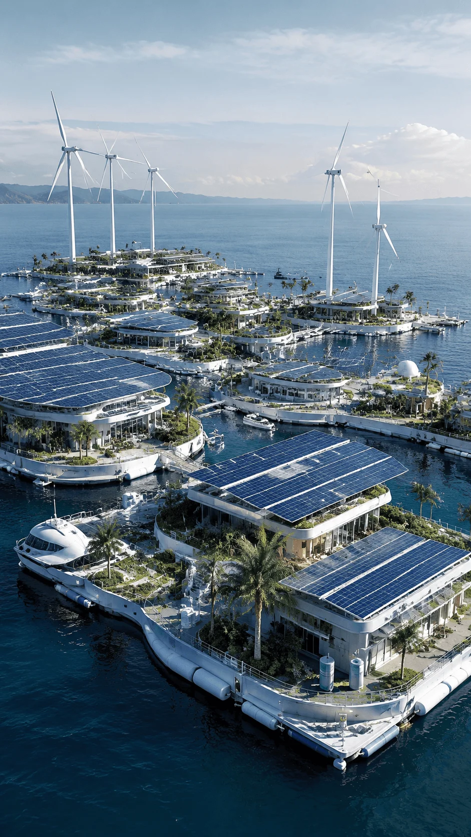 Climate adaptive floating city with renewable energy systems solar panels wind turbines and sustainable ocean based architecture