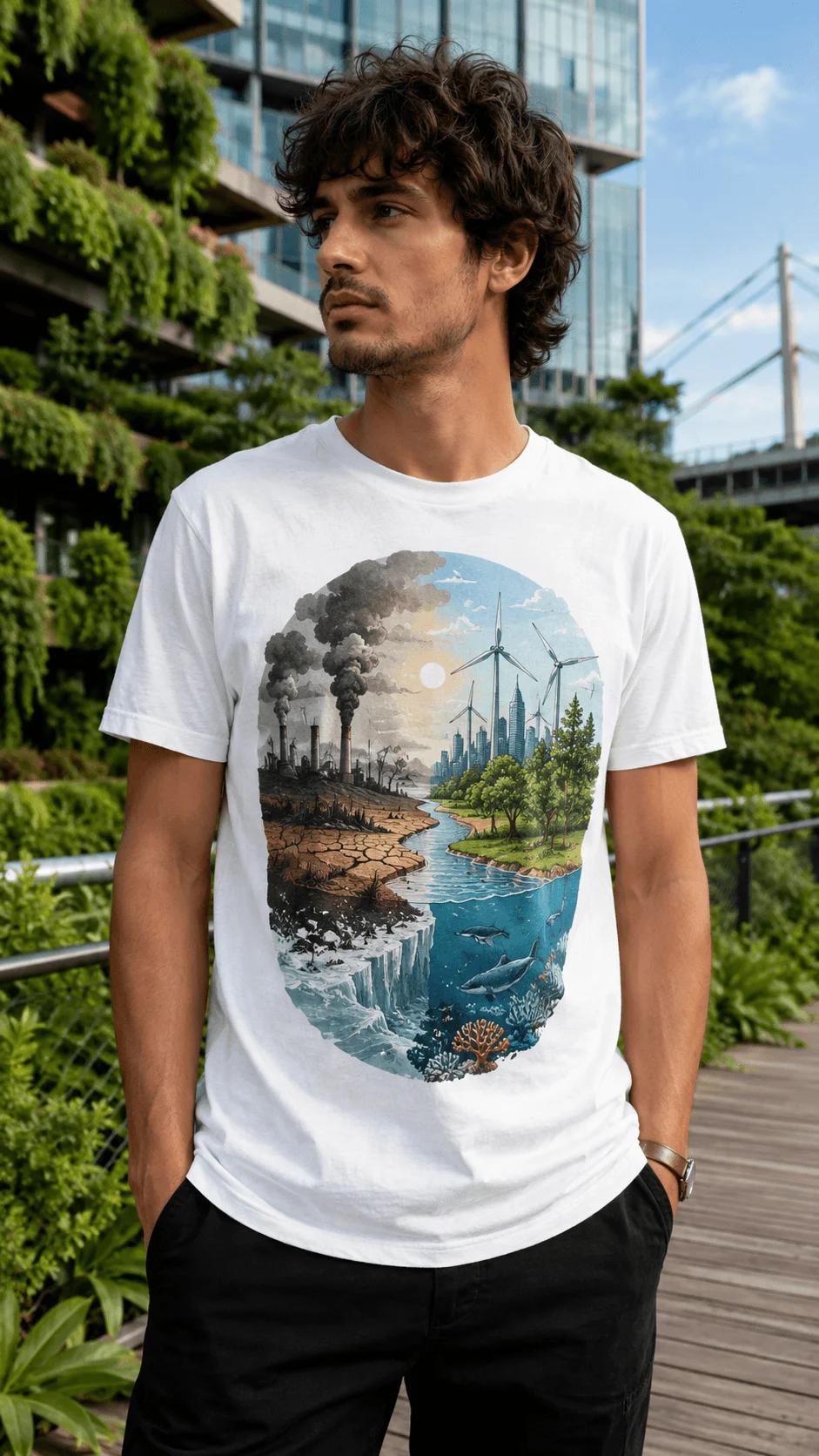 Climate change awareness clothing design featuring a sustainable t shirt with artwork showing environmental transformation, renewable energy, polluted landscapes, clean cities, oceans, forests, and climate protection themes worn in a modern green urban setting.