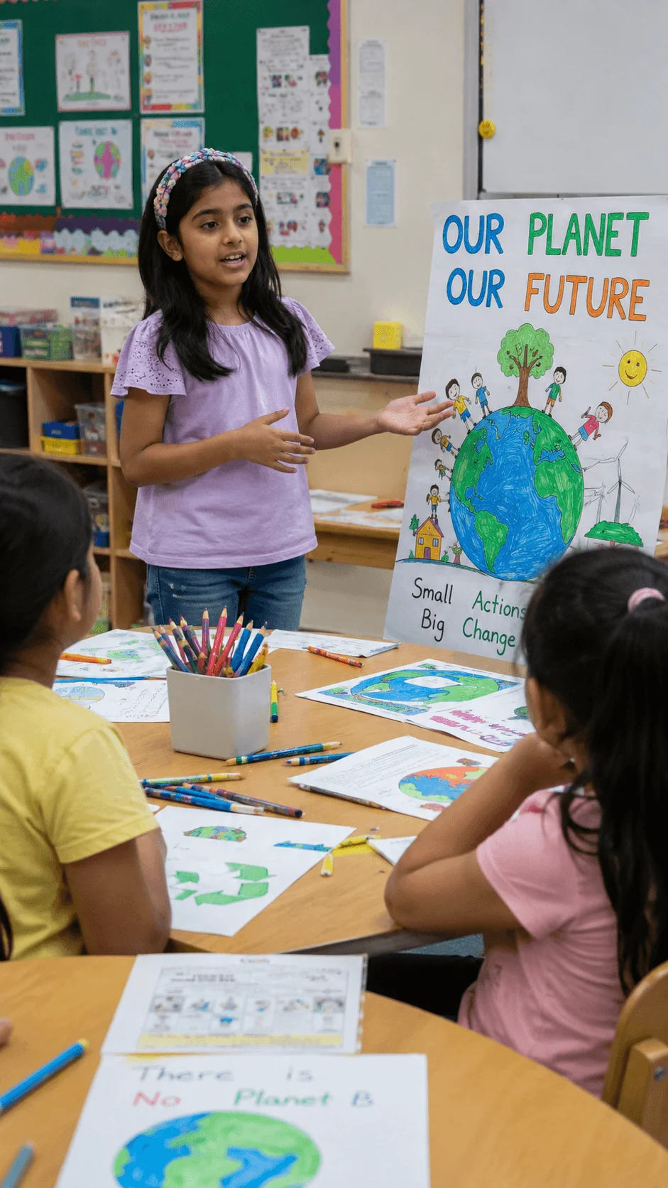 Student presenting a climate change storytelling project to peers using drawings and visual aids to illustrate environmental impacts and sustainability actions