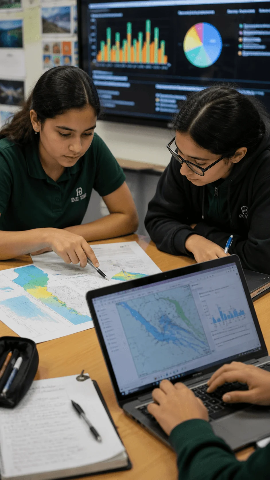 High school students analyzing climate data using maps, charts, laptops, and digital visualizations for an environmental research and student journalism project