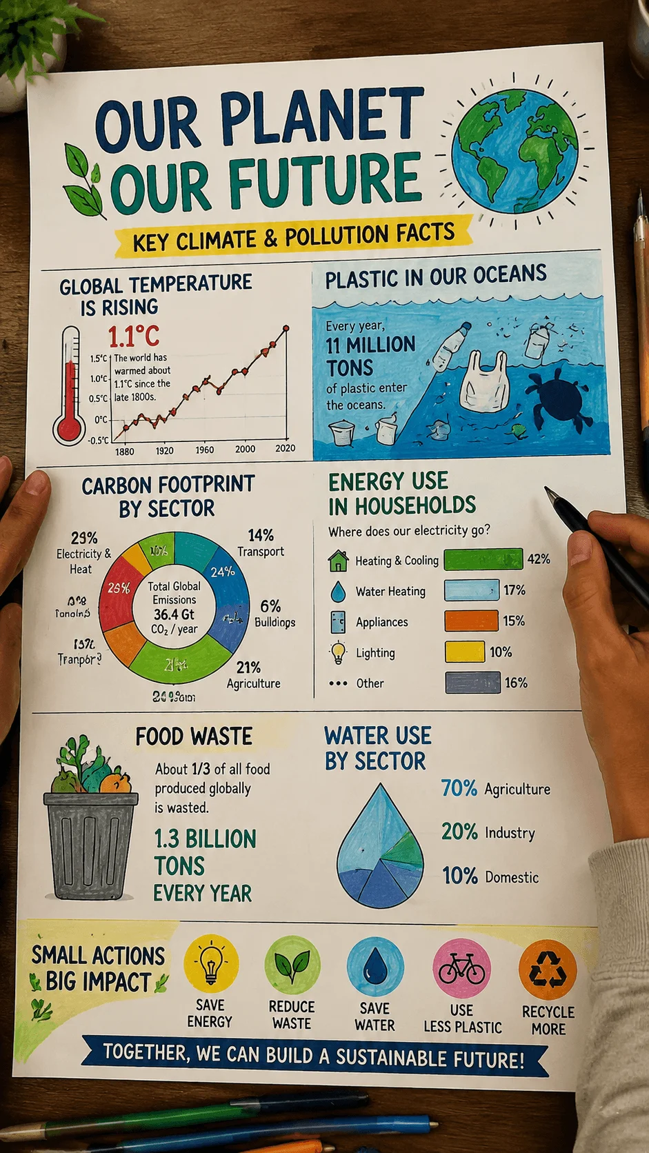 Climate data infographic poster showing climate change facts with charts graphs pollution statistics energy use water conservation food waste and sustainability actions on a colorful educational design sheet
