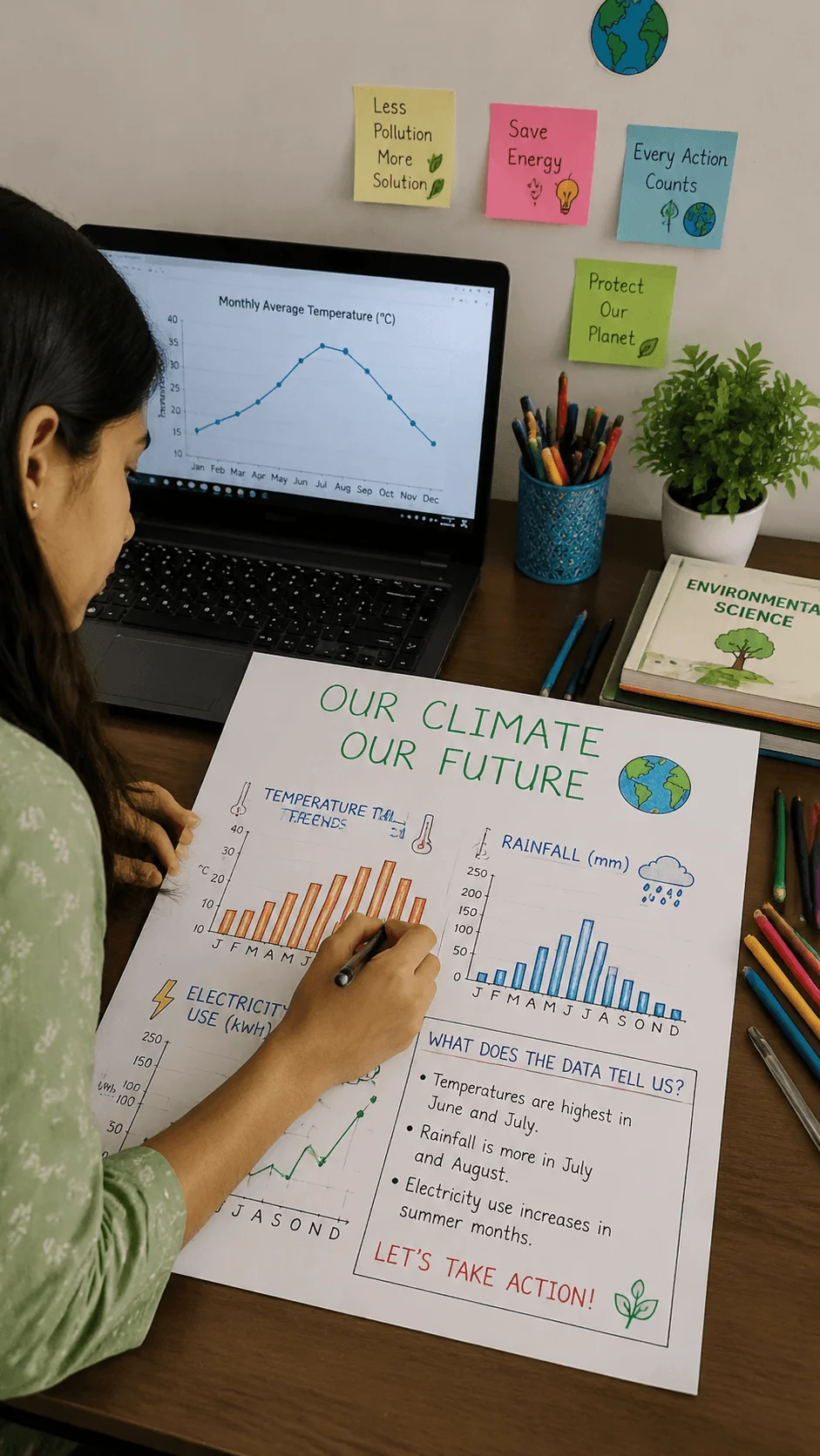 Student creating a climate data storytelling project by analyzing temperature rainfall and electricity use charts to explain environmental trends and climate awareness