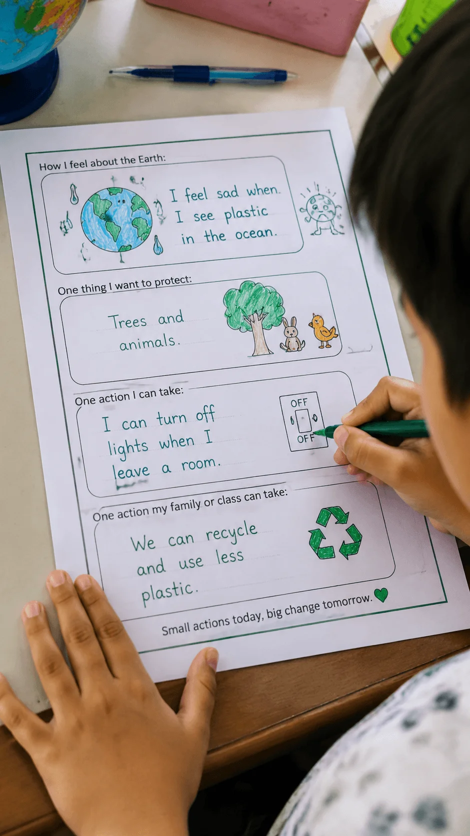 Child completing a climate feelings and action worksheet with drawings and written reflections about protecting the Earth saving energy recycling and caring for nature as part of an environmental learning activity