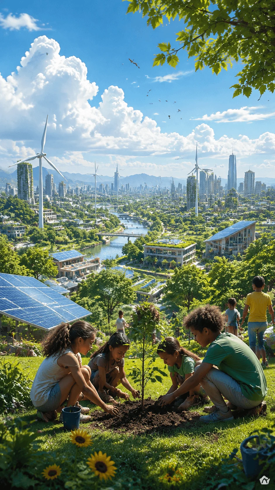 Climate hope poster design featuring children planting a tree in a green landscape with renewable energy sources wind turbines solar panels and a sustainable city representing environmental progress and a positive future