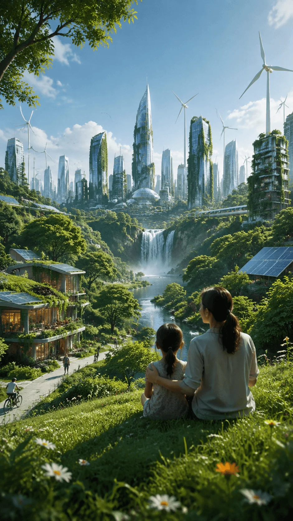 Climate positive future poster showing a futuristic sustainable city surrounded by forests, waterfalls, renewable energy sources, green buildings, wind turbines, solar panels, and people enjoying a clean and harmonious environment