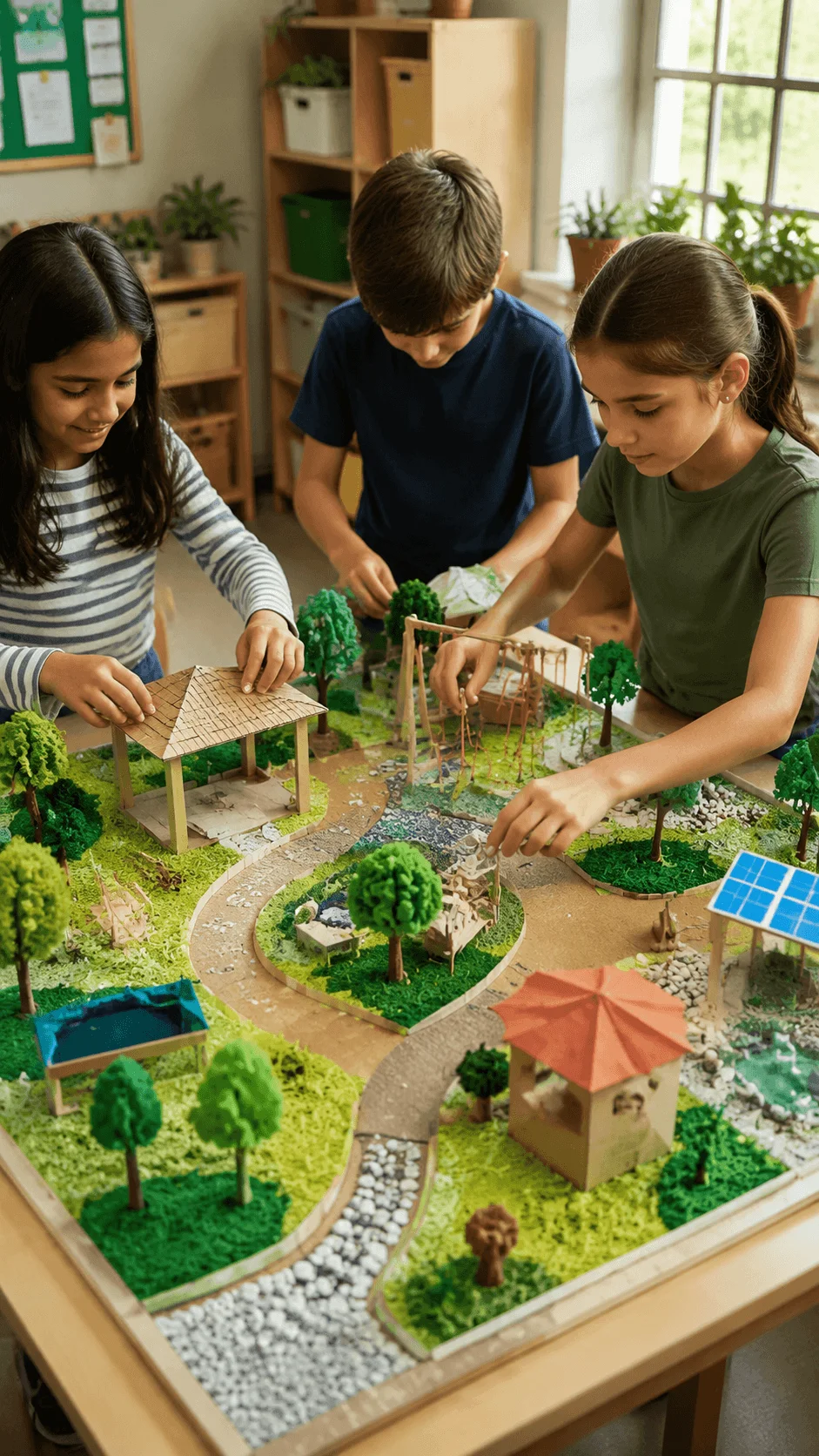 Children designing a climate resilient playground model with trees water features and sustainable design elements for environmental learning