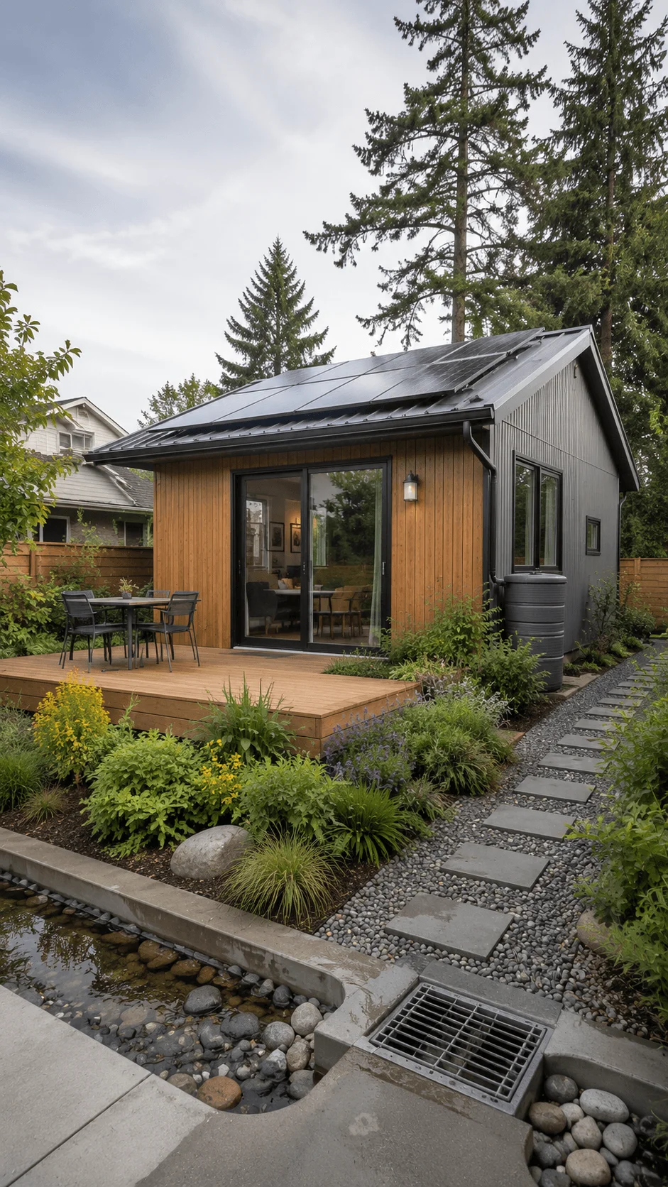 Climate resilient sustainable ADU with rooftop solar panels rainwater harvesting resilient landscaping stormwater drainage energy efficient design and durable eco friendly home built for changing climate conditions