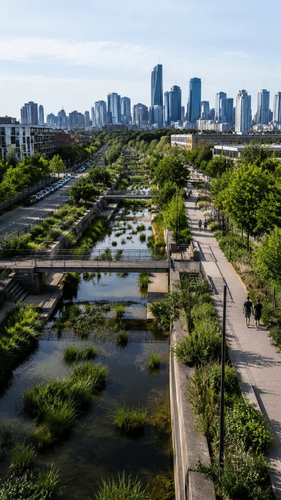 Climate resilient city with restored urban waterway green infrastructure flood resistant landscape tree lined pathways and sustainable skyline designed for climate adaptation and environmental resilience