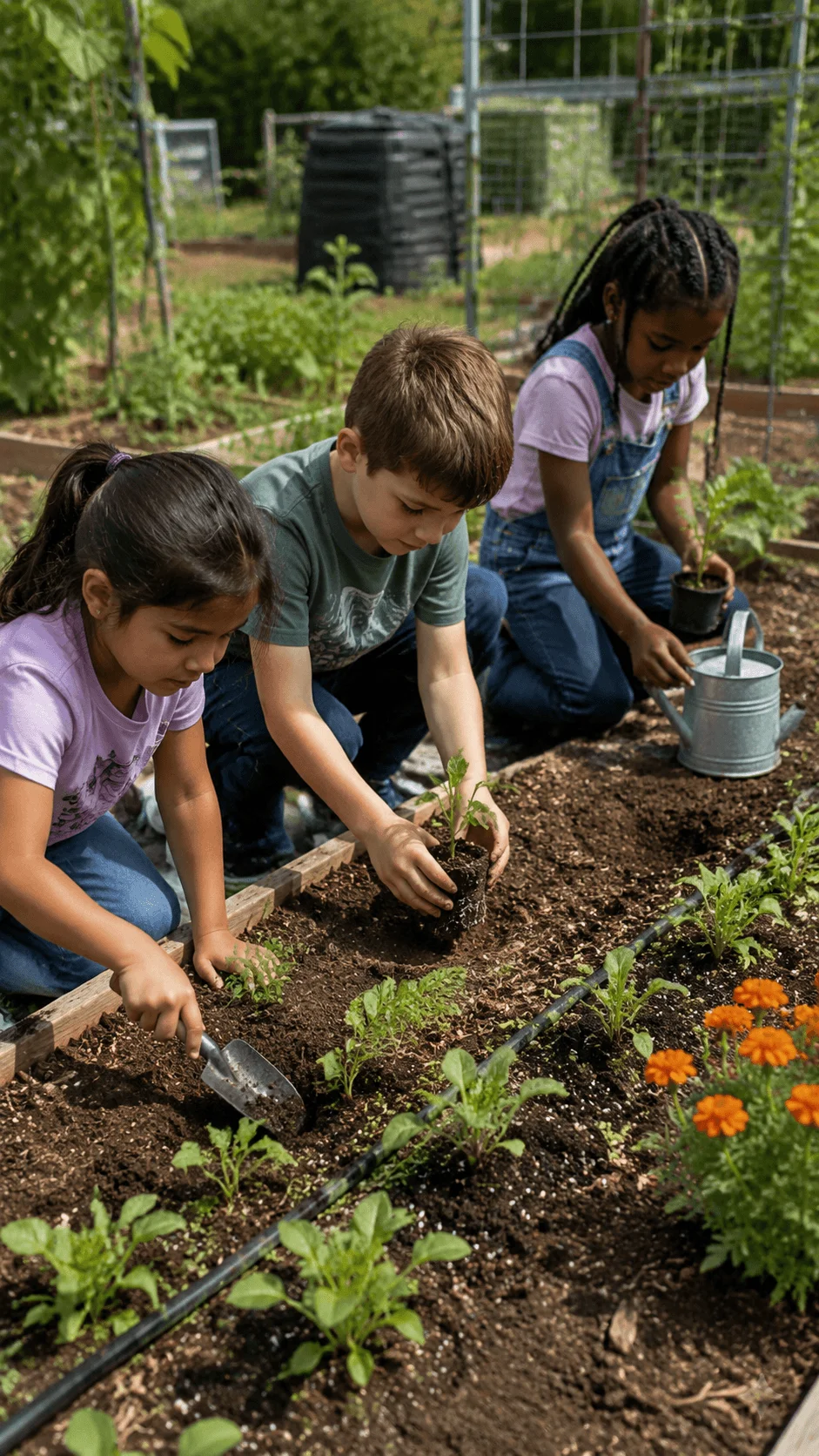 Children creating a climate resilient garden by planting seedlings and caring for plants with gardening tools in an outdoor school garden