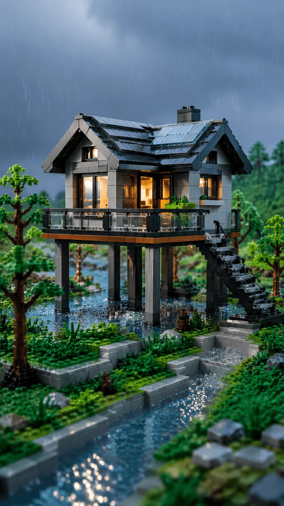 Realistic LEGO climate resilient flood house elevated on stilts with solar panels rainwater channels surrounding greenery and flood resistant sustainable architecture design
