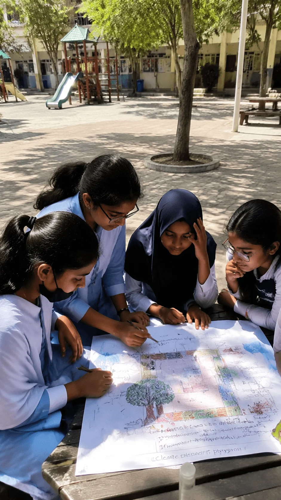 Students designing a climate resilient playground project by creating plans and discussing sustainable school outdoor improvements