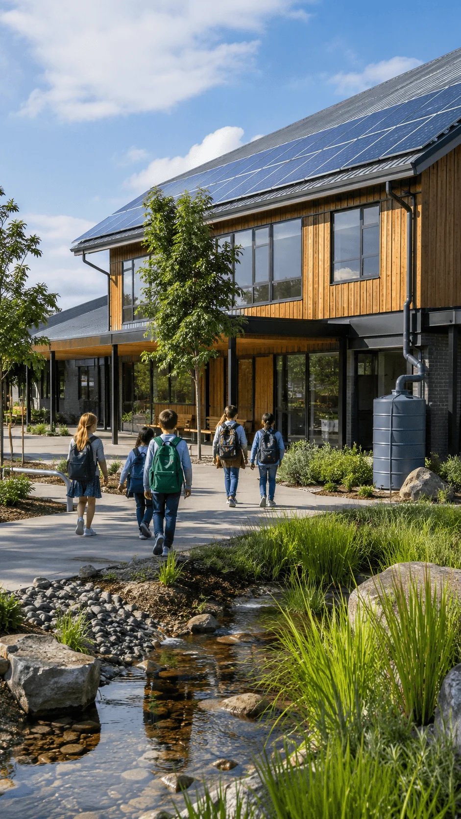Climate resilient school building featuring solar panels rainwater collection systems green landscaping and students walking through a sustainable nature integrated campus